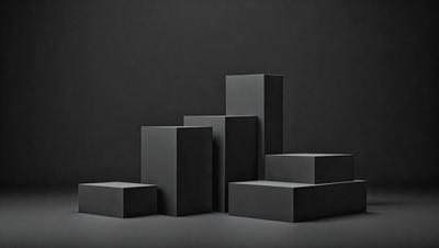 The primary subject of the image is a set of four black boxes, which are arranged in a square formation. The setting is a dark background, which contrasts with the black boxes, creating a striking visual effect. The visual style of the image is a combination of photo and digital art, as it appears to be a photograph of a digital artwork. The overall atmosphere of the image is dramatic and mysterious, with the black boxes serving as the focal point.