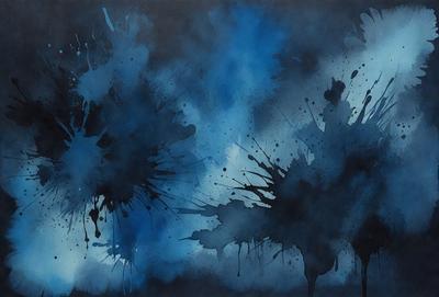 The primary subject of the image is a painting featuring two blue blobs, which are the main objects in the scene. The setting is a blue background, and the visual style appears to be a digital art or illustration. The colors and mood of the painting are predominantly blue, creating a calm and serene atmosphere.