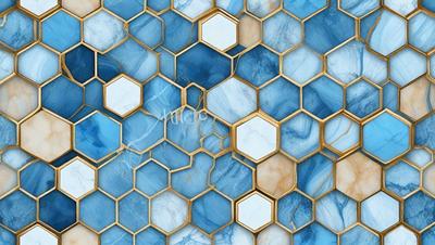 The primary subject of the image is a blue and white marble tile with a hexagonal pattern. The setting is a bathroom, and the visual style is a photo. The dominant colors are blue and white, creating a clean and elegant atmosphere.