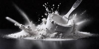 The primary subject of the image is a spoonful of flour, which is the main object in the scene. The setting is a black background, and the visual style appears to be a photo. The dominant colors in the image are white and black, creating a contrasting and dramatic atmosphere.