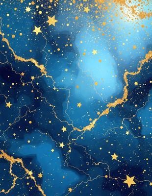 The primary subject of the image is a blue sky filled with stars. The setting is a night sky, and the visual style is a digital art or illustration. The dominant colors are blue and gold, creating a serene and peaceful atmosphere.