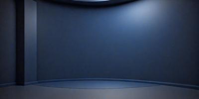 The primary subject of the image is a large, empty room with a blue wall. The setting is a dark room with a blue background, giving it a somewhat mysterious atmosphere. The visual style appears to be a photo, as it captures the room's emptiness and the blue wall's color. The colors and mood of the image are predominantly blue, creating a calm and serene environment.