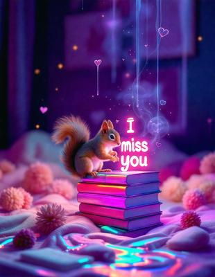 The primary subject of the image is a small, cute squirrel sitting on top of a stack of books. The setting appears to be a cozy, intimate space, possibly a bedroom. The visual style of the image is a combination of photo and digital art, creating a whimsical and charming atmosphere. The colors in the image are predominantly pink and purple, which adds to the warm and inviting mood of the scene.