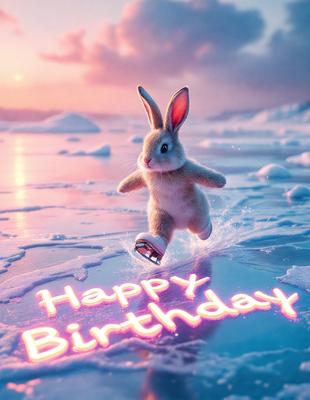 The primary subject of the image is a cute bunny rabbit. The setting is a snowy environment, with the rabbit running across a snow-covered surface. The visual style is digital art, as the rabbit is depicted in a cartoon-like manner. The dominant colors are white and blue, creating a cold and wintry atmosphere. The overall mood of the image is joyful and celebratory, as it is a birthday card featuring the bunny rabbit.