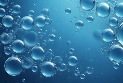 The primary subject of the image is a close-up of a blue ocean filled with bubbles. The setting is underwater, with the bubbles floating in the water. The visual style is a photo of the ocean, capturing the beauty of the bubbles and the blue water. The colors and mood of the image are predominantly blue, creating a serene and calming atmosphere.