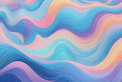 The primary subject of the image is a colorful, abstract artwork featuring a blue, purple, and pink color scheme. The setting is a wall, and the visual style appears to be a combination of digital art and illustration. The artwork creates a vibrant and lively atmosphere, with the colors and patterns creating a sense of movement and energy.