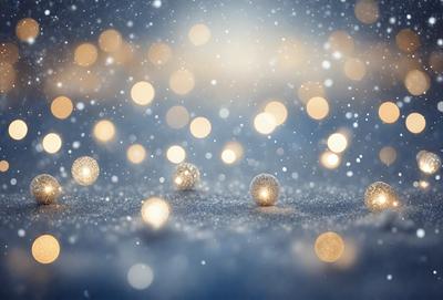 The primary subject of the image is a group of shiny, round, and glowing balls, which are scattered across a snowy surface. The setting is a wintery environment, with the balls illuminated by the bright lights. The visual style is a combination of a photo and digital art, creating a captivating and visually appealing scene. The colors and mood of the image are predominantly white and cold, with the glowing balls adding a touch of warmth and vibrancy to the otherwise