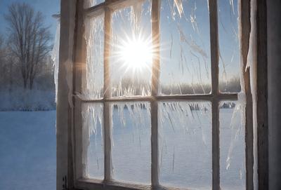 The primary subject of the image is a window with frozen icicles hanging from it. The setting is a snowy environment, and the visual style appears to be a photo. The dominant colors are white and blue, with the frozen icicles adding a touch of coldness to the scene.