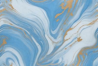 The primary subject of the image is a blue and gold marbled wallpaper. The setting is a room with a blue and gold marbled wallpapered wall. The visual style is a close-up of the wallpaper, showcasing its intricate design. The colors and mood of the image are predominantly blue and gold, creating a luxurious and elegant atmosphere.