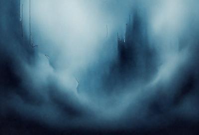 The primary subject of the image is a large, dark, and cloudy sky. The setting is a cloudy day, and the visual style is a painting or drawing. The colors and mood of the image are dark and moody, with the clouds creating a dramatic atmosphere.
