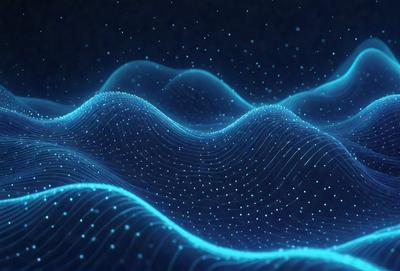 The primary subject of the image is a blue, digital art-like representation of a wave. The setting is a dark background, which contrasts with the bright blue wave. The visual style is a combination of digital art and a pattern, creating a unique and captivating scene. The colors and mood of the image are predominantly blue, giving it a calm and serene atmosphere.