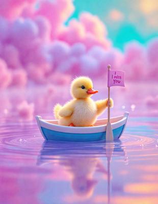 The primary subject of the image is a cute duckling sitting in a boat. The setting is a pink and purple sky, which creates a whimsical and playful atmosphere. The visual style is a digital art or illustration, giving the scene a vibrant and colorful appearance. The dominant colors are pink, purple, and blue, which contribute to the overall mood of the image, making it feel warm, cheerful, and inviting.