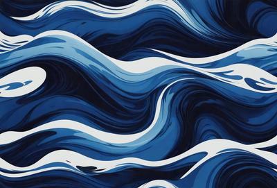 The primary subject of the image is a blue and white ocean wave. The setting is the ocean, with the wave being the main focus of the image. The visual style is a digital art or illustration, as the wave is depicted in a detailed and artistic manner. The dominant colors are blue and white, creating a serene and calming atmosphere.