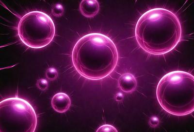 The primary subject of the image is a cluster of purple bubbles, which are the main objects in the scene. The setting is a dark background, which contrasts with the bright purple bubbles. The visual style is a digital art or illustration, as the bubbles are depicted in a detailed and artistic manner. The colors and mood of the image are predominantly purple, creating a sense of calmness and tranquility.