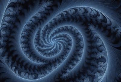 The primary subject of the image is a spiral pattern, which is the main object, scene, or focus of the image. The spiral pattern is set against a blue background, creating a visually striking contrast. The spiral pattern is depicted in a digital art style, giving it a modern and dynamic appearance. The overall atmosphere of the image is one of intricacy and beauty, with the blue color evoking a sense of calmness and tranquility.