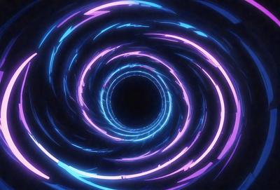 The primary subject of the image is a large, purple, swirling tunnel. The setting is a dark, space-like environment, with the tunnel being the main focus of the scene. The visual style is a digital art or illustration, creating a sense of depth and movement. The dominant colors are purple and blue, giving the image a futuristic and mysterious atmosphere.