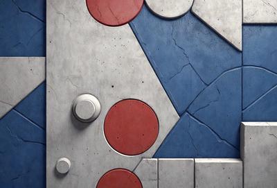 The primary subject of the image is a large, multi-colored, geometric design made of cement. The design features a combination of red, blue, and white colors, creating a visually striking and unique pattern. The setting is a concrete wall, which serves as the backdrop for the intricate design. The visual style of the image is a blend of digital art and illustration, showcasing the artist's creativity and skill in crafting a complex and eye-catching pattern. The overall atmosphere of the image