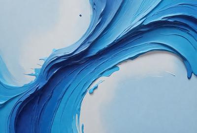The primary subject of the image is a painting of a blue wave. The setting is a white wall, and the visual style appears to be a digital art or illustration. The dominant colors in the painting are blue and white, creating a serene and calming atmosphere.
