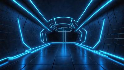 The primary subject of the image is a futuristic tunnel with blue neon lights illuminating the space. The setting is a dark, enclosed tunnel with a blue glow, creating a unique atmosphere. The visual style is a combination of digital art and illustration, giving the image a futuristic and surreal appearance. The dominant colors are blue and black, with the blue neon lights creating a striking contrast against the dark tunnel.