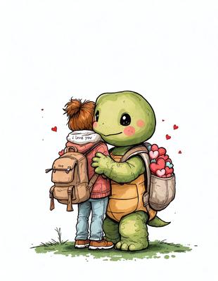 The primary subject of the image is a cartoon turtle with a backpack and a heart on its back. The turtle is hugging a person, who is also wearing a backpack. The setting is a grassy area, and the visual style is a hand-drawn illustration. The colors are predominantly green and pink, creating a warm and friendly atmosphere.