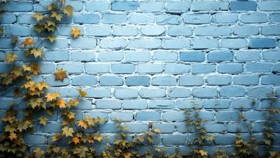 The primary subject of the image is a brick wall with a blue background. The setting is an outdoor environment, possibly a garden or a courtyard. The visual style is a photo, capturing the details of the brick wall and the surrounding plants. The colors and mood of the image are predominantly blue, creating a calm and serene atmosphere.