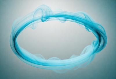 The primary subject of the image is a blue ring or circle, which appears to be a digital art or illustration. The setting is a white background, and the visual style is a combination of digital art and illustration. The dominant colors are blue and white, creating a calm and serene atmosphere.