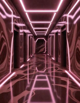 The primary subject of the image is a long, narrow hallway with a pink lighting effect. The hallway is lined with doors and has a patterned floor. The setting is a dark room with a pink glow, creating a unique and visually striking atmosphere. The visual style of the image is a combination of photo and digital art, giving it a futuristic and surreal appearance. The colors and mood of the image are predominantly pink, which adds a sense of warmth and intrigue to