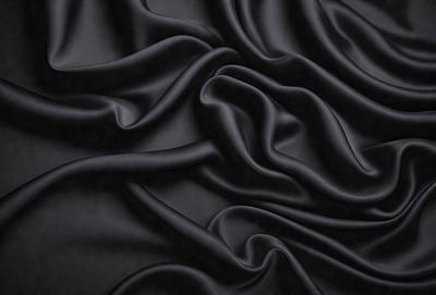 The primary subject of the image is a close-up of a black fabric, possibly a piece of clothing or a curtain. The setting is a dark background, which emphasizes the fabric's texture and color. The visual style appears to be a photo, as it captures the details of the fabric. The colors and mood of the image are predominantly dark, with the black fabric being the main focus.