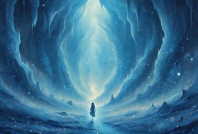 The primary subject of the image is a person, likely a woman, walking through a cave. The setting is a cave with a blue background, and the visual style appears to be a digital art or illustration. The colors and mood of the image are predominantly blue, creating a serene and mysterious atmosphere.