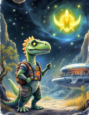 Primary subject: Dinosaur
Setting/background: Space
Visual style: Digital art
Colors and mood: Colorful, vibrant, and lively
