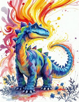 The primary subject of the image is a colorful, rainbow-colored dinosaur, likely a T-Rex, standing on a dirt ground. The visual style of the image is a combination of digital art and illustration, giving it a unique and vibrant appearance. The colors and mood of the image are lively and energetic, with the dinosaur's vivid colors and the dirt ground creating a sense of movement and dynamism.