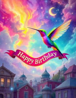 Primary subject: A colorful bird with a pink ribbon around its neck, flying in front of a cityscape.

Setting/background: The bird is flying in front of a cityscape, which includes buildings, a clock, and a moon in the sky.

Visual style: The image is a digital art or illustration, featuring a vibrant and lively scene.

Colors and mood: The colors in the image are predominantly pink, purple, and green, creating