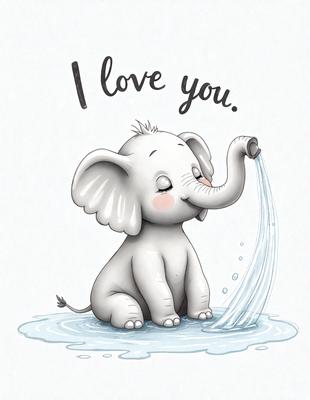 The primary subject of the image is a cute baby elephant. The setting is a watering hole, with the elephant sitting in the water and drinking from a water fountain. The visual style is a hand-drawn illustration, giving the image a warm and friendly atmosphere. The colors are predominantly shades of blue and white, which are often associated with water and calmness.