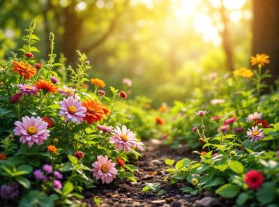 The primary subject of the image is a field filled with a variety of colorful flowers. The setting is a lush green field, and the visual style is a photo. The colors and mood of the image are vibrant and cheerful, with the flowers creating a beautiful and natural scene.