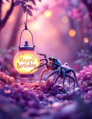 The primary subject of the image is a spider with a birthday sign hanging from its leg. The setting is a forest with pink flowers surrounding the spider. The visual style is a digital art illustration, creating a whimsical and playful atmosphere. The dominant colors are pink and purple, which add to the overall mood of the scene.