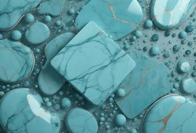 The primary subject of the image is a blue marble tile. The setting is a blue-green background, which creates a visually appealing contrast with the tile. The visual style is a close-up of the tile, showcasing its intricate details. The colors and mood of the image are predominantly blue and green, giving it a serene and calming atmosphere.