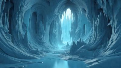 The primary subject of the image is a cave with a blue water-filled passage. The setting is a cave with a blue water-filled passage, and the visual style is digital art. The dominant colors are blue and white, creating a serene and calming atmosphere.