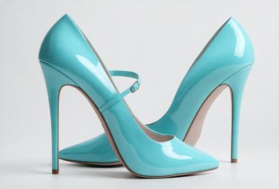 The primary subject of the image is a pair of blue high heels. The setting is a white background, which provides a clean and minimalist look. The visual style is a close-up of the shoes, showcasing their design and details. The colors and mood of the image are predominantly blue, creating a calm and sophisticated atmosphere.