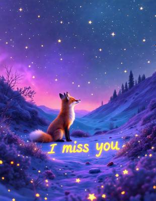 The primary subject of the image is a fox sitting on a hillside at night. The setting is a purple sky with stars, creating a serene and magical atmosphere. The visual style is a digital art, with the fox and the sky being the main focus of the image. The colors and mood are predominantly purple and blue, giving the scene a dreamy and enchanting quality.