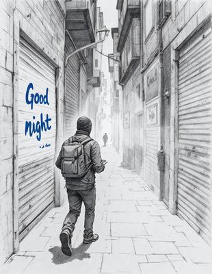 The primary subject of the image is a man walking down a narrow alleyway. He is wearing a backpack and appears to be looking at his cell phone. The setting is an urban environment, with the alleyway being a part of a city street. The visual style of the image is a black and white drawing, giving it a classic and timeless appearance. The colors and mood of the image are predominantly dark, with the man being the main source of light in the scene.