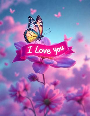 The primary subject of the image is a pink flower with a yellow butterfly perched on it. The setting is a pink background, which adds to the overall mood of the image. The visual style is a combination of photo and digital art, creating a unique and eye-catching presentation. The dominant colors are pink and yellow, which evoke a sense of warmth and happiness.