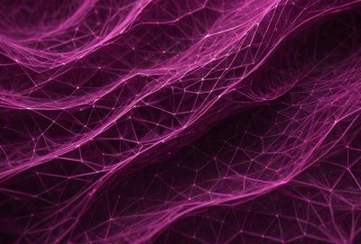 The primary subject of the image is a purple mesh pattern, which appears to be a digital art or illustration. The setting is a dark background, which contrasts with the purple mesh pattern. The visual style is a combination of digital art and illustration, creating a unique and intricate design. The colors and mood of the image are predominantly purple, giving it a moody and artistic atmosphere.