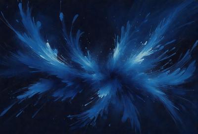 The primary subject of the image is a blue and white painting of a bird. The bird is depicted in a blue and white color scheme, with its wings spread out. The setting is a dark background, which contrasts with the bright colors of the bird. The visual style of the painting is a mix of digital art and traditional illustration, creating a unique and eye-catching piece of art. The overall atmosphere of the painting is one of freedom and beauty, as the bird soars through the air.