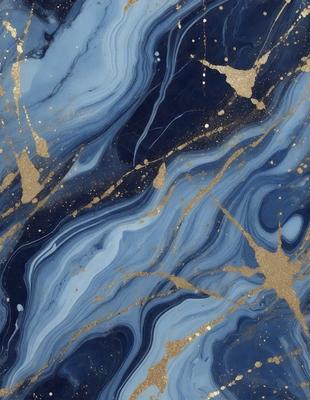 The primary subject of the image is a blue and gold marbled surface, which appears to be a piece of art or a decorative item. The setting is a room with a blue and gold marbled wall, and the visual style is a combination of digital art and illustration. The dominant colors in the image are blue and gold, creating a luxurious and elegant atmosphere.