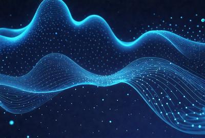 The primary subject of the image is a blue wave or ripple pattern. The setting is a dark background, which contrasts with the blue wave. The visual style is digital art, as the wave appears to be a digital representation of a wave. The colors and mood are predominantly blue, creating a calm and serene atmosphere.