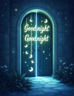 The primary subject of the image is a door with a sign on it that reads "Good Night." The setting is a nighttime scene, with the door being the main object of focus. The visual style is digital art, as the door and sign are depicted in a stylized manner. The colors and mood of the image are predominantly blue, creating a calm and serene atmosphere.