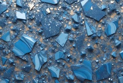 The primary subject of the image is a blue and gold mosaic tile. The setting is a blue background, and the visual style is a close-up of the tile. The colors and mood of the image are predominantly blue and gold, creating a visually appealing and elegant atmosphere.