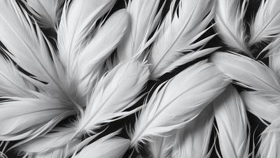 The primary subject of the image is a close-up of a white bird's feathers. The feathers are arranged in a pattern, creating a visually striking scene. The setting is a black background, which contrasts with the white feathers, emphasizing their texture and details. The visual style is a combination of a photo and digital art, as the feathers are captured in a detailed and artistic manner. The colors and mood of the image are predominantly white, giving it a clean and serene atmosphere.