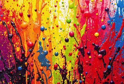 The primary subject of the image is a painting featuring a colorful, dripping design. The painting is set against a white background, which contrasts with the vibrant colors of the dripping paint. The visual style of the painting appears to be a mix of digital art and illustration, creating a unique and eye-catching piece. The dominant colors in the painting are red, yellow, and blue, which contribute to a lively and energetic atmosphere.