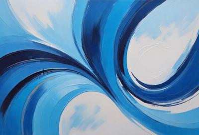 The primary subject of the image is a painting of a blue and white wave. The setting is a white wall, and the visual style appears to be a digital art or illustration. The dominant colors in the painting are blue and white, creating a calming and serene atmosphere.